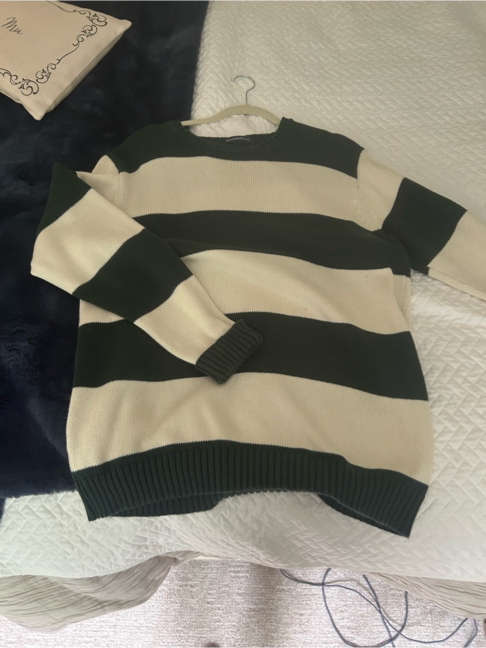 Brandy Melville Green and Cream Striped Knit Sweater